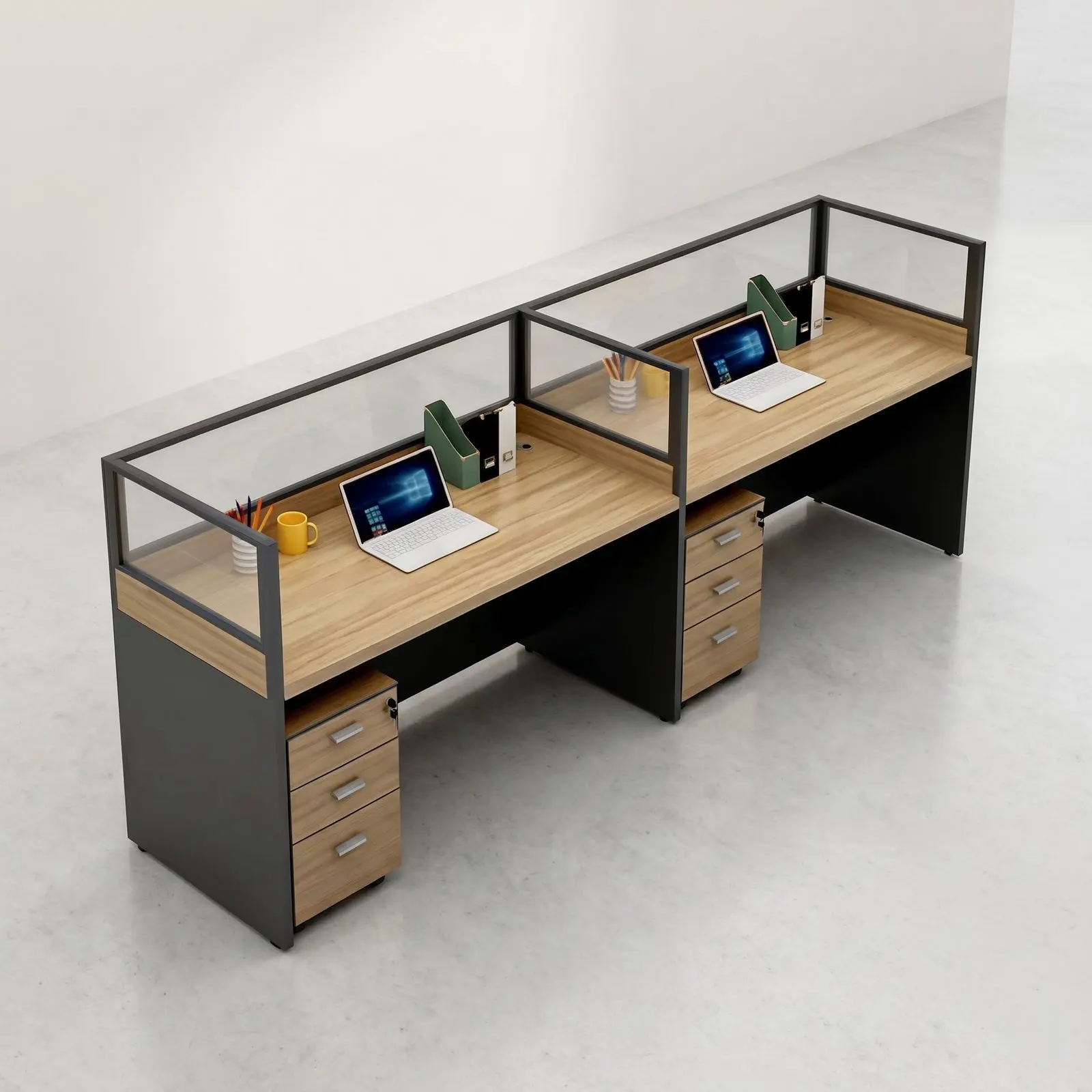 2-Seat Linear Workstation with Tall Glass Screens & Mobile Pedestals – Oak & Charcoal