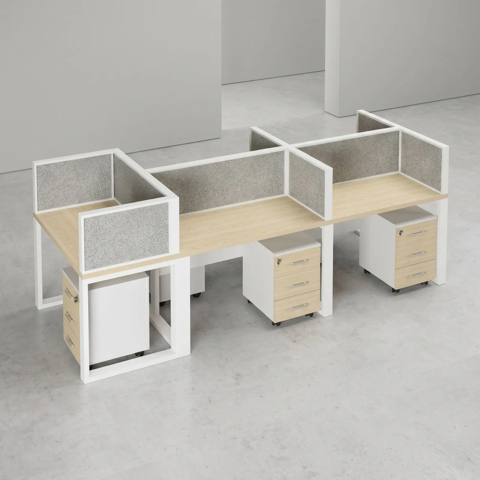 4-Seat Back-to-Back Workstation with Tall Fabric Screens & Mobile Pedestals – Maple & White