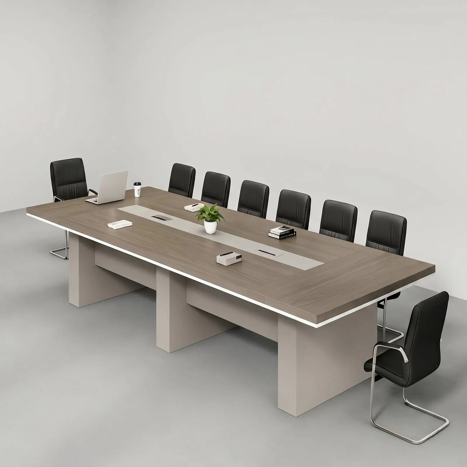 Boat-Shaped Boardroom Table with Pedestal Base & Cable Management – Grey Oak