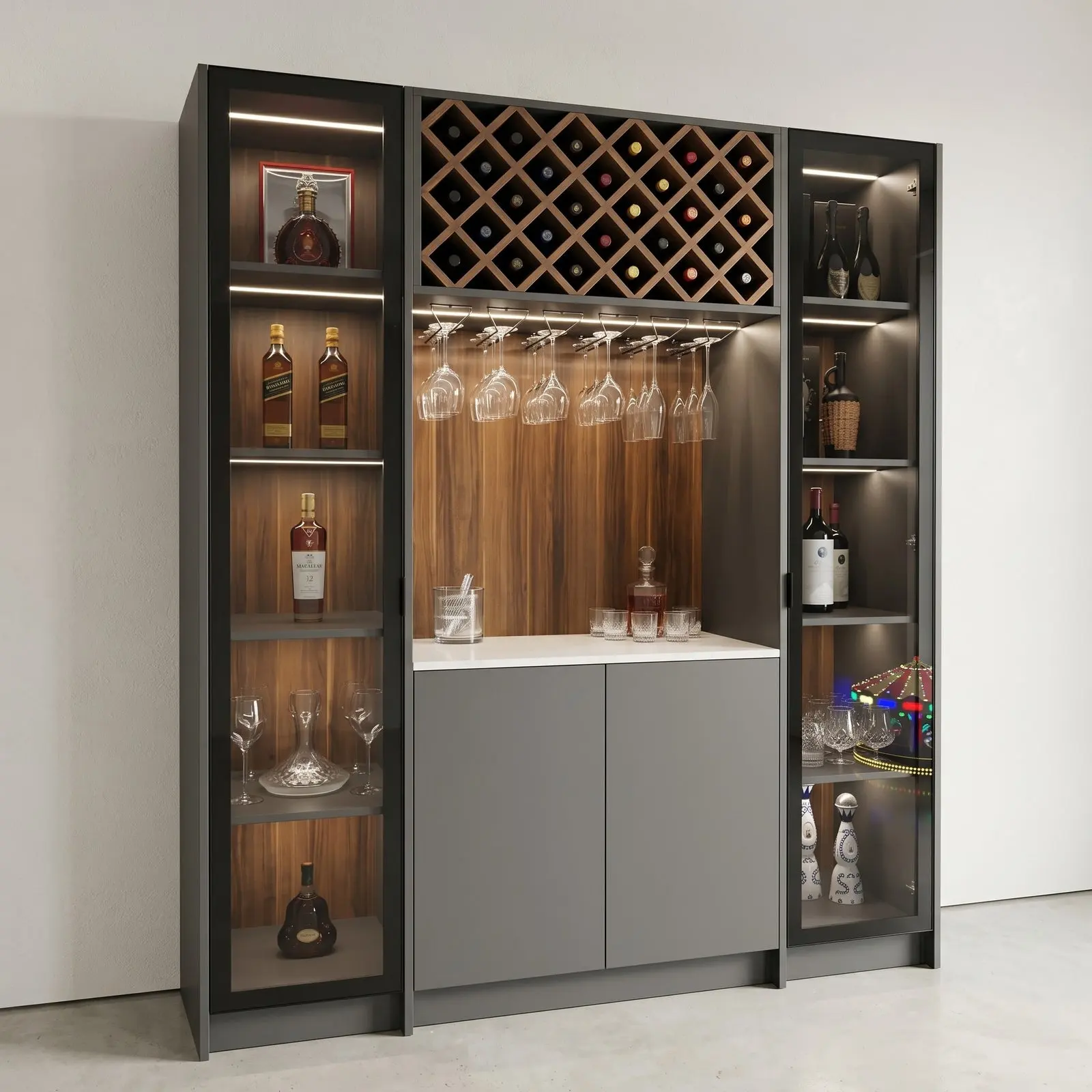 Charcoal & Walnut Home Bar Unit with Diamond Wine Rack, Stemware Hanging Rail, LED-Lit Open Spirit Display Towers and White Marble Bar Counter