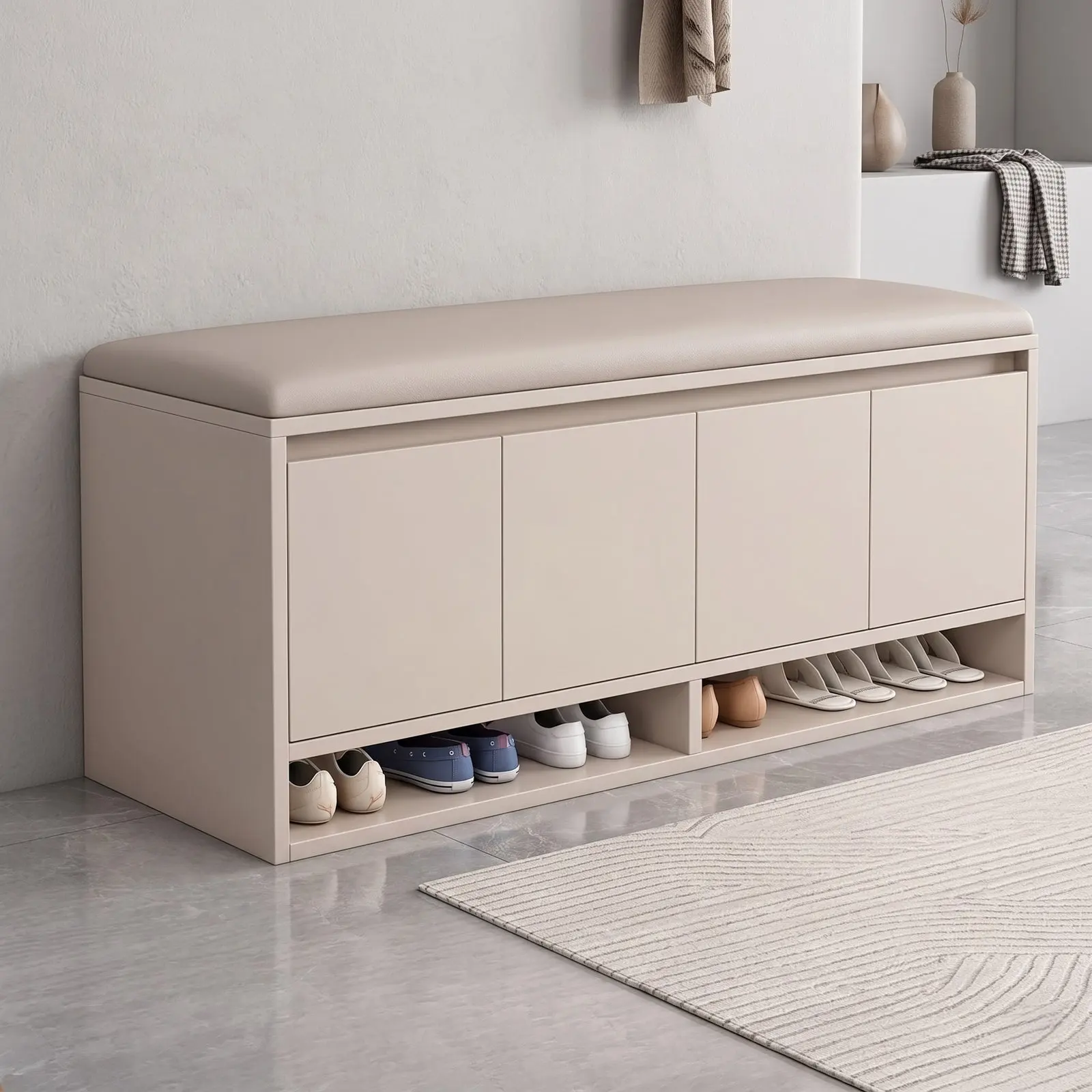 Cream Matte Wide Shoe Storage Bench with Leather Seat Cushion, Four Flip-Down Doors and Open Base Shoe Shelf