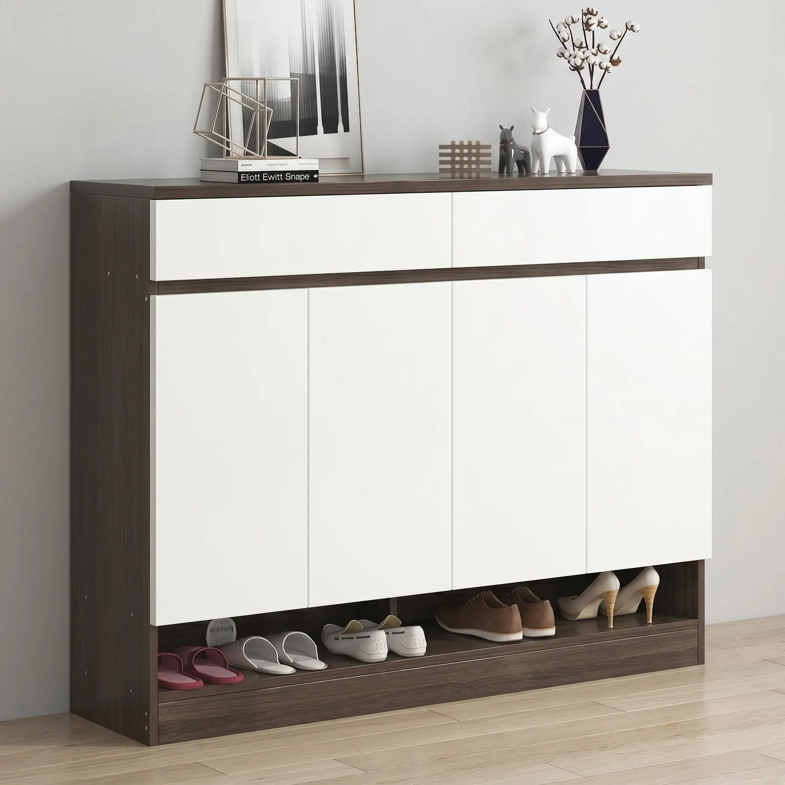 Dark Walnut & White Gloss Wide Shoe Cabinet with Four Flip-Down Doors, One Full-Width Drawer, Open Base Shoe Shelf and Dark Walnut Display Top