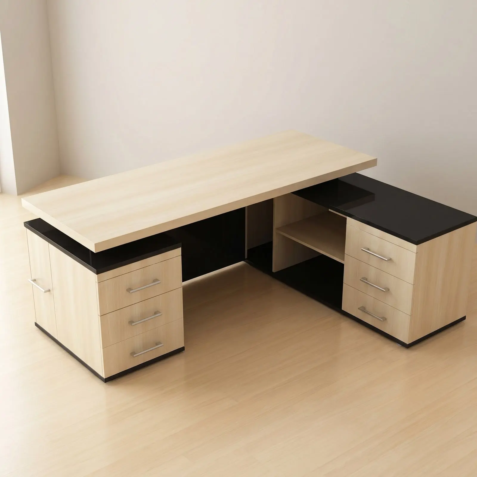 Double-Pedestal Boss Desk with Side Return & Open Shelving – Birch & Black