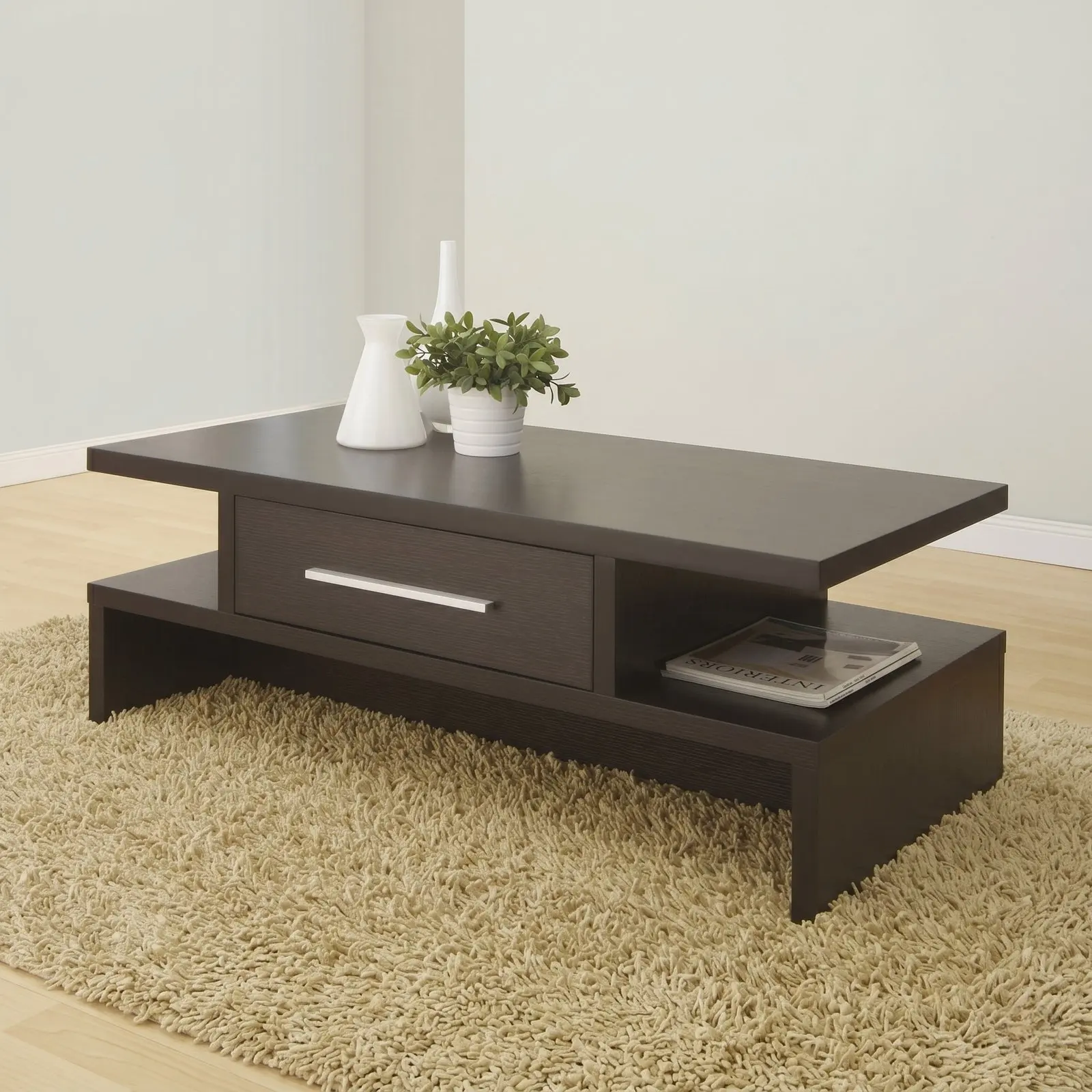 Espresso Wenge Coffee Table with Centre Drawer, Open Side Shelf & Cantilever Top