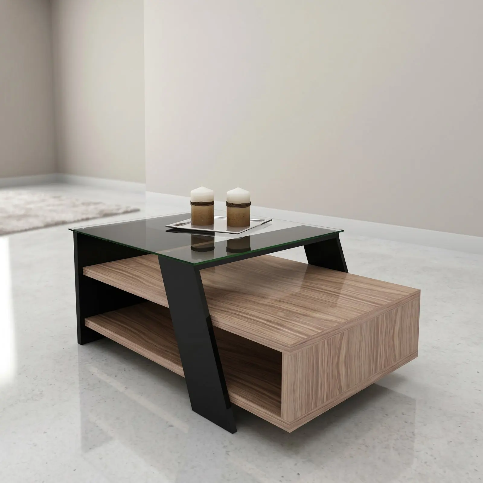 Glass-Top Coffee Table with Angled Black Frame & Oak Storage Shelf