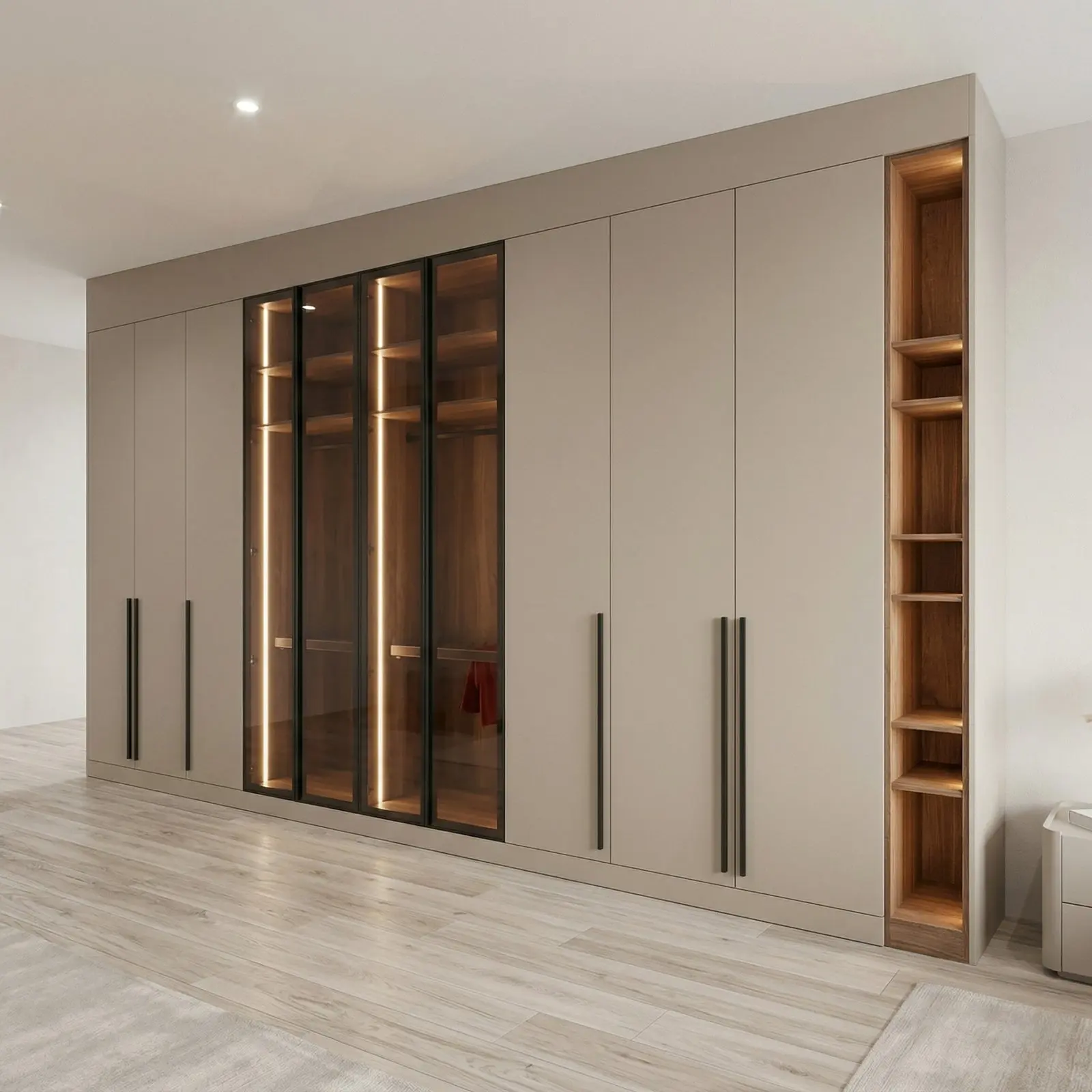 Greige Full-Wall Wardrobe with Black-Framed Glass Display Section, LED Interior Lighting and Walnut Open Shelves