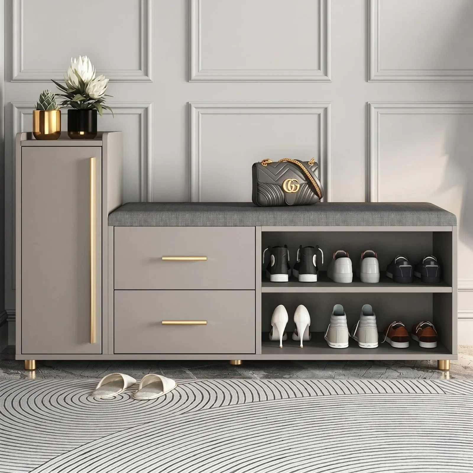 Greige & Gold Luxury Entryway Shoe Bench with Tall LED Cabinet Tower, Grey Velvet Seat, Two Drawers and Four Open Shoe Shelves on Gold Legs