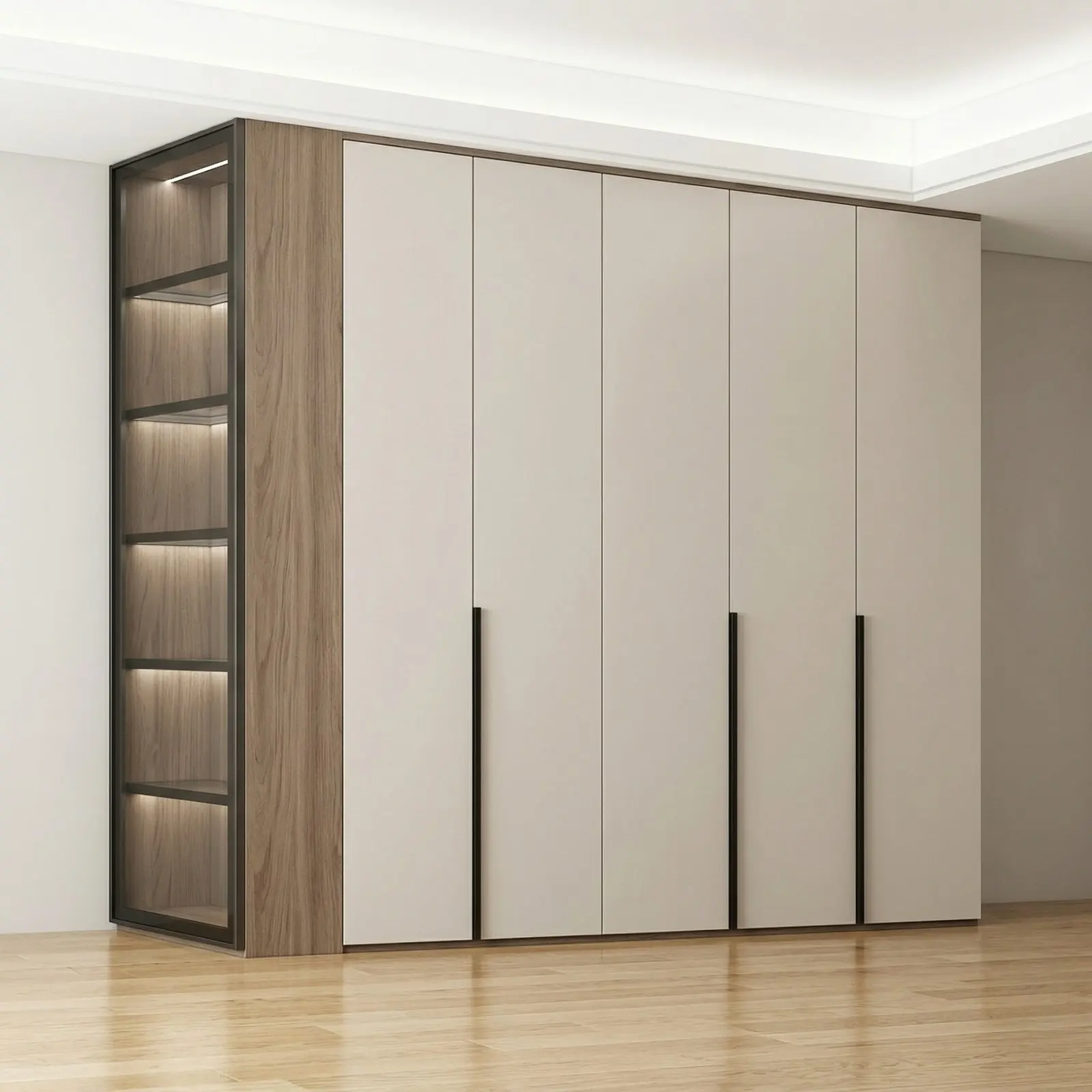 Greige & Walnut Floor-to-Ceiling Wardrobe with Black Metal Handles and Open LED Display Side Unit