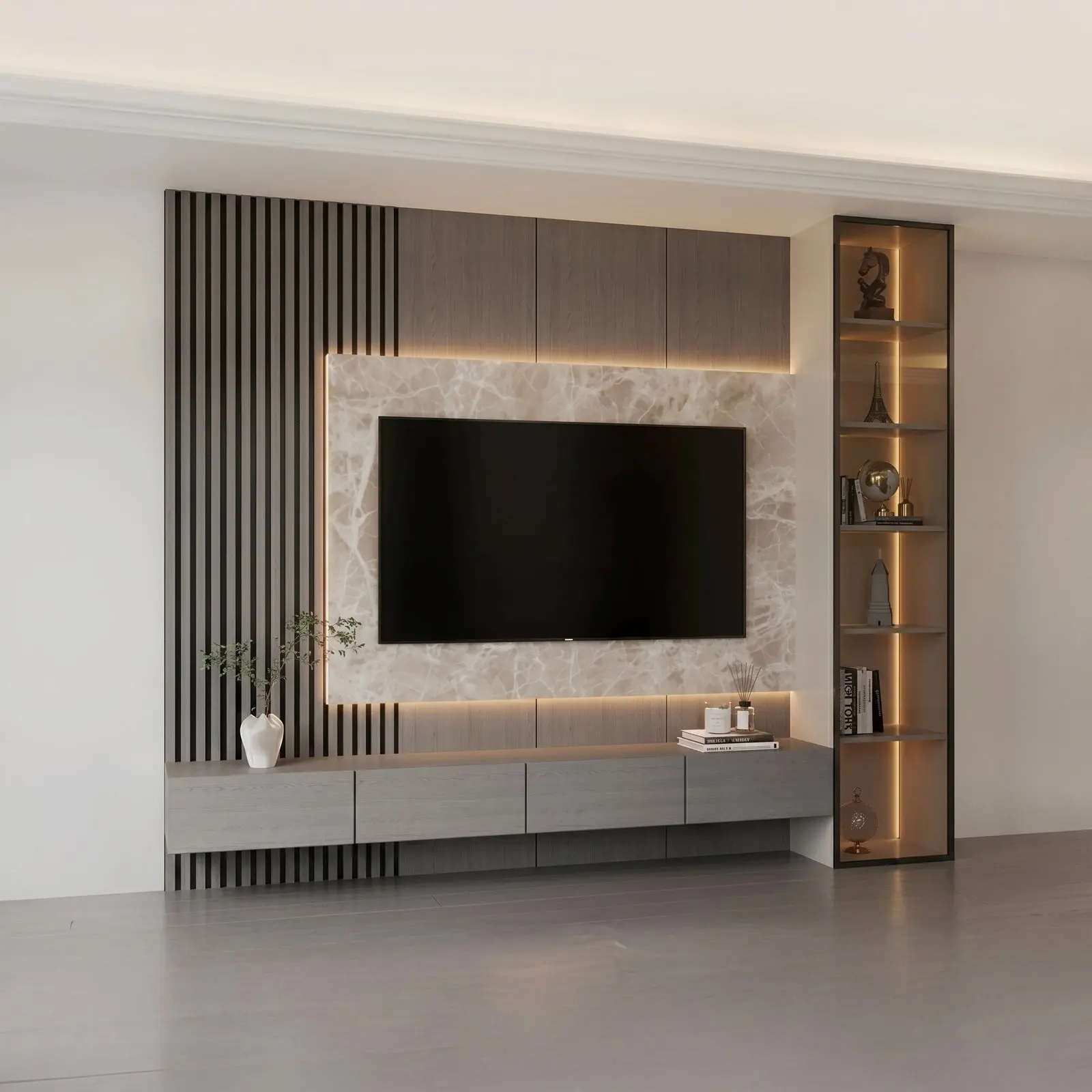 Grey & Marble Modular TV Wall Unit with Fluted Panels and Display Tower