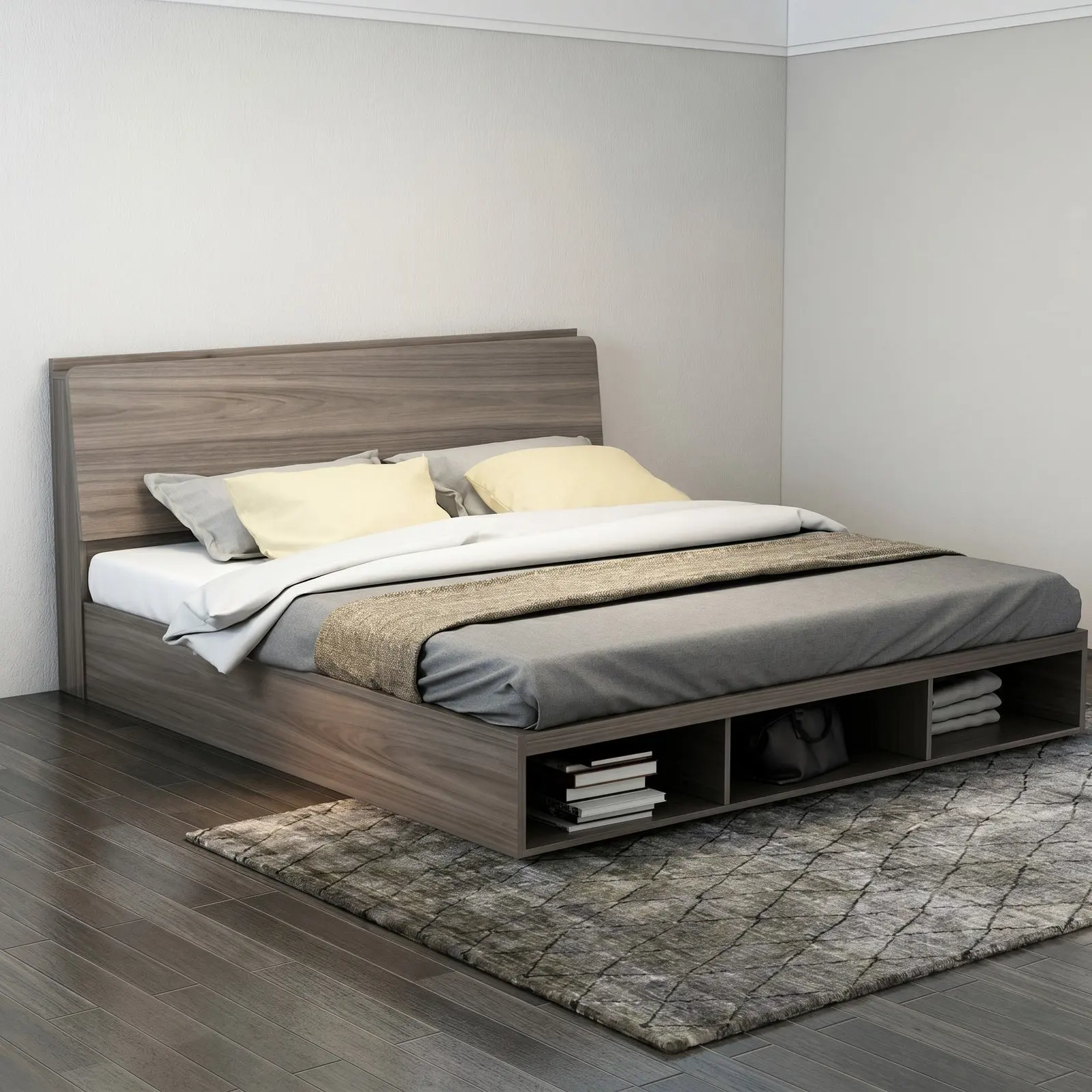 Grey Oak Platform Bed with Curved Headboard and Open Footboard Storage Cubbies