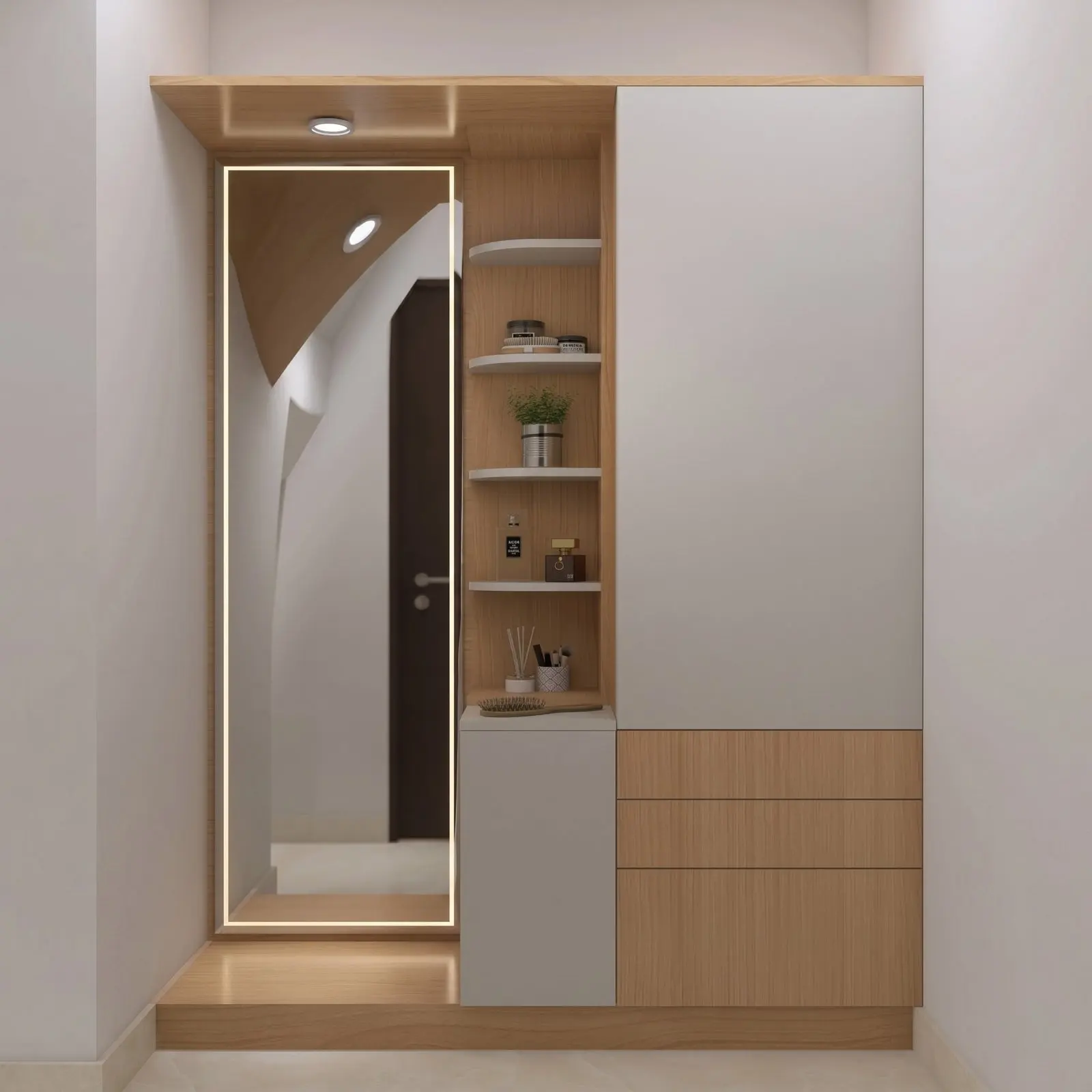 Integrated Dressing Unit with LED Framed Mirror, Open Display Shelves & Wardrobe Cabinet