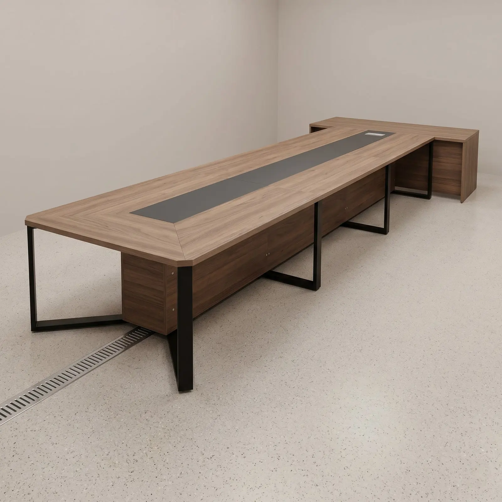L-Shaped Conference Table with Side Credenza & Cable Management – Natural Oak & Black
