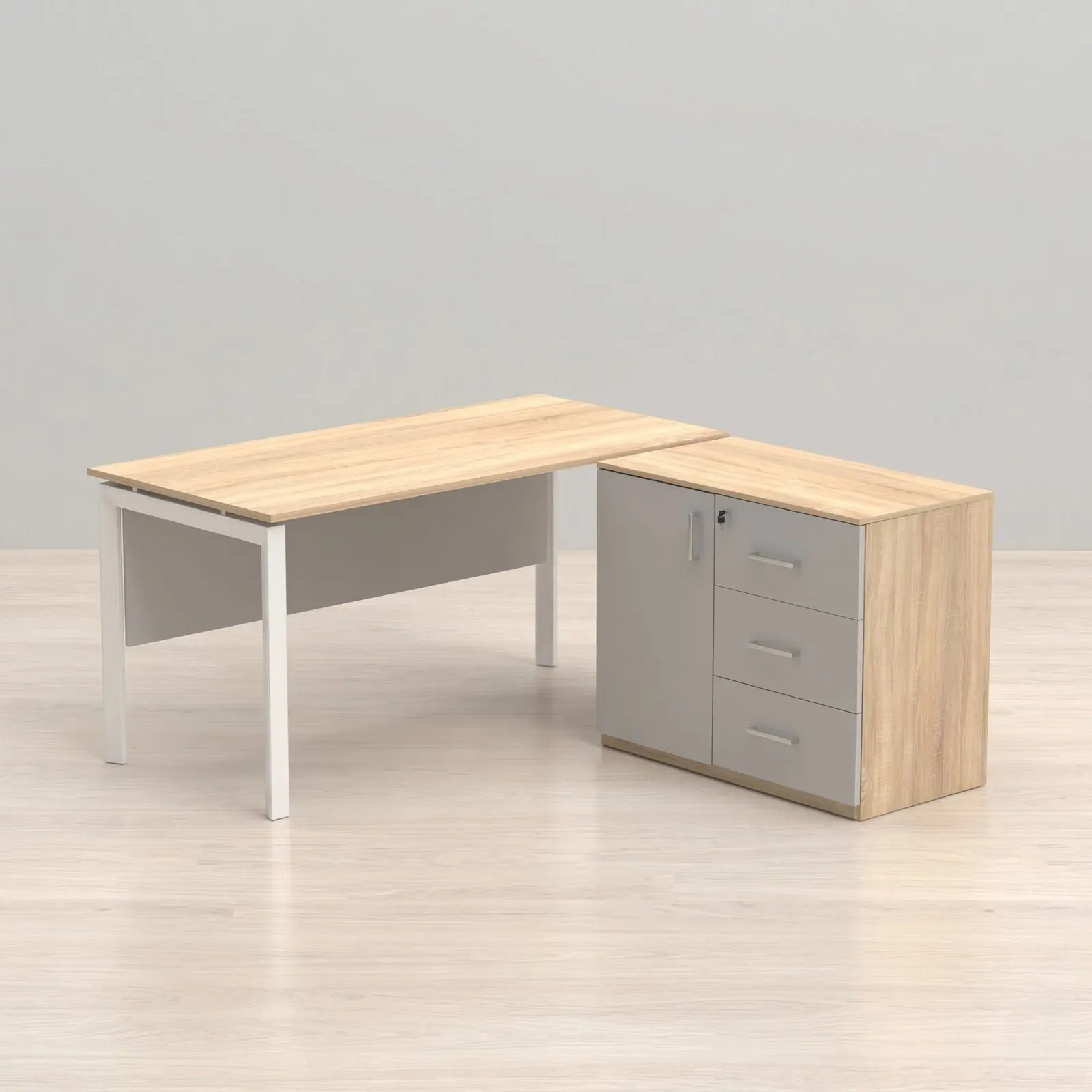 L-Shaped Executive Desk with Door Cabinet & 3-Drawer Pedestal – Oak & Grey