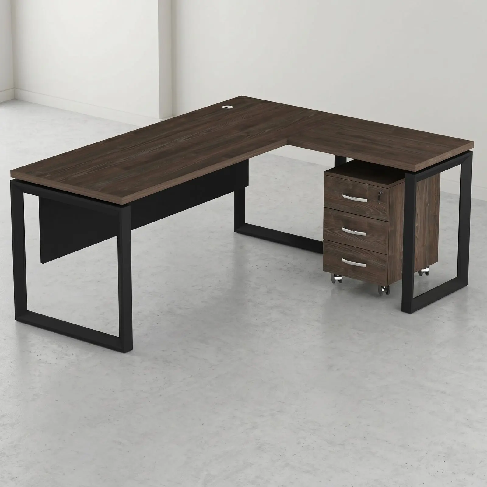 L-Shaped Executive Desk with Mobile Pedestal & Cable Port – Dark Smoked Oak & Black
