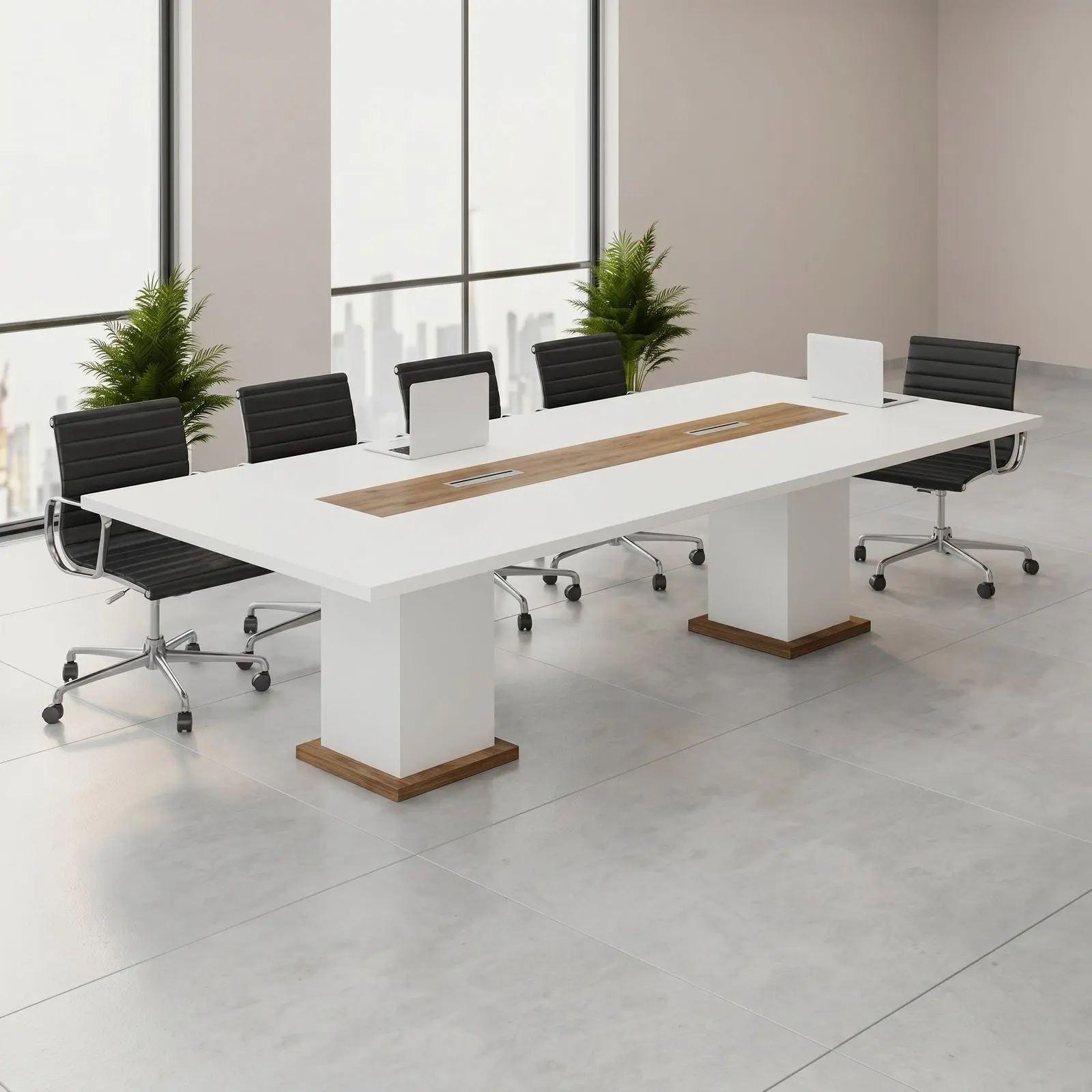 Large Boardroom Conference Table – Gloss White with Oak Inlay