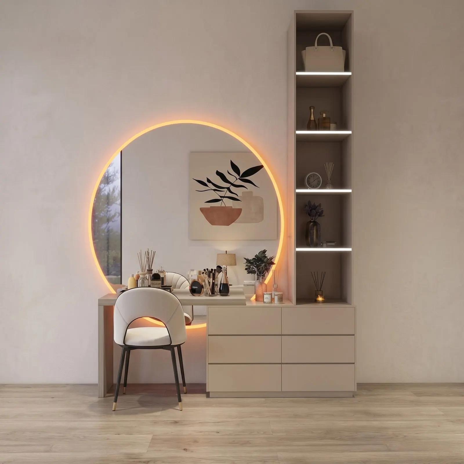 LED Backlit Round Mirror Vanity with Six-Drawer Dresser & Illuminated Display Tower