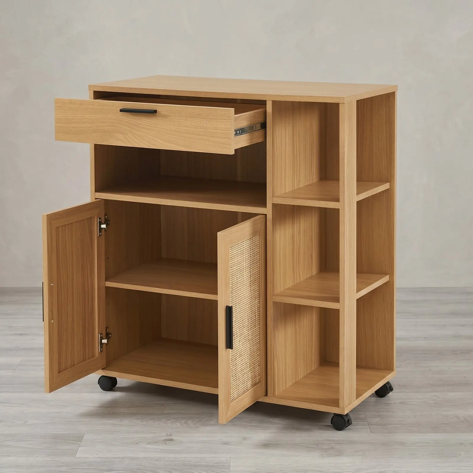 Natural Oak Mobile Kitchen Trolley with One Drawer, Rattan-Front Cabinet Door, Open Interior Shelf and Four Open Side Niches on Castors