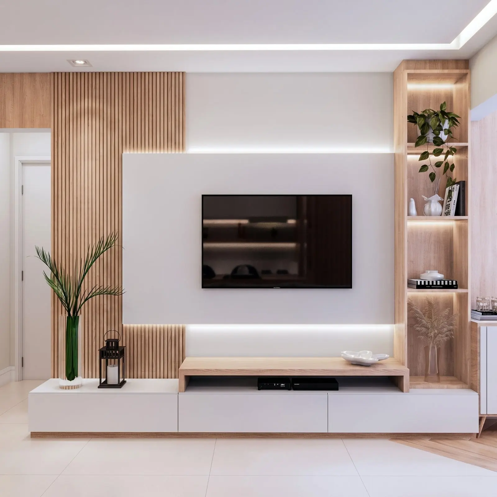 Natural Oak & White Scandinavian TV Wall Unit with Fluted Panels and LED Shelving