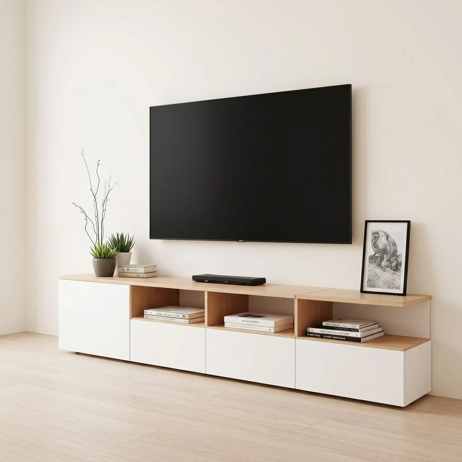 Oak & White Minimalist Low-Profile TV Console with Open Shelves and Flush-Front Drawers