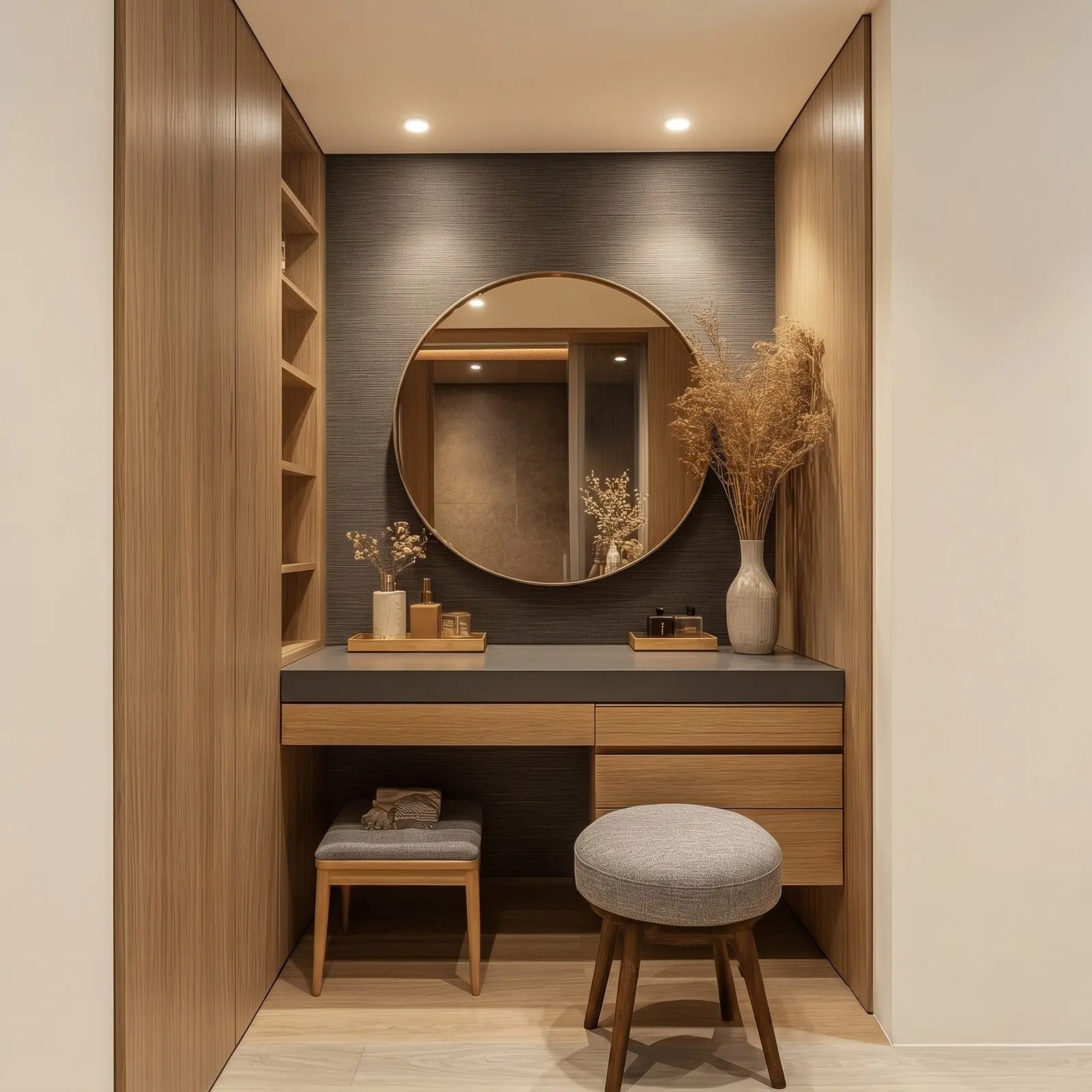 Recessed Walk-In Dressing Alcove with Round Gold Mirror, Oak Vanity & Flanking Wardrobe Panels