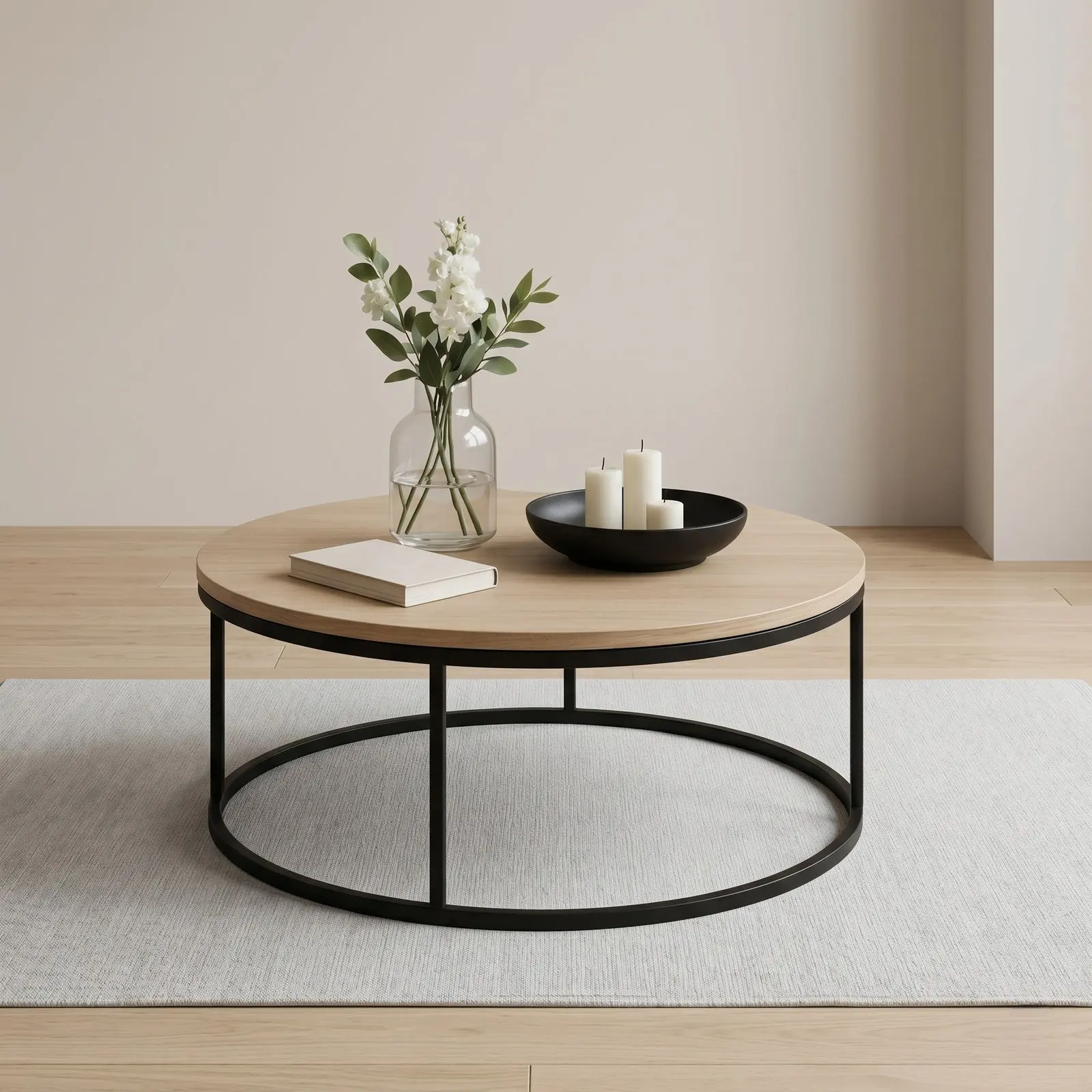 Round Oak Coffee Table with Circular Black Steel Frame