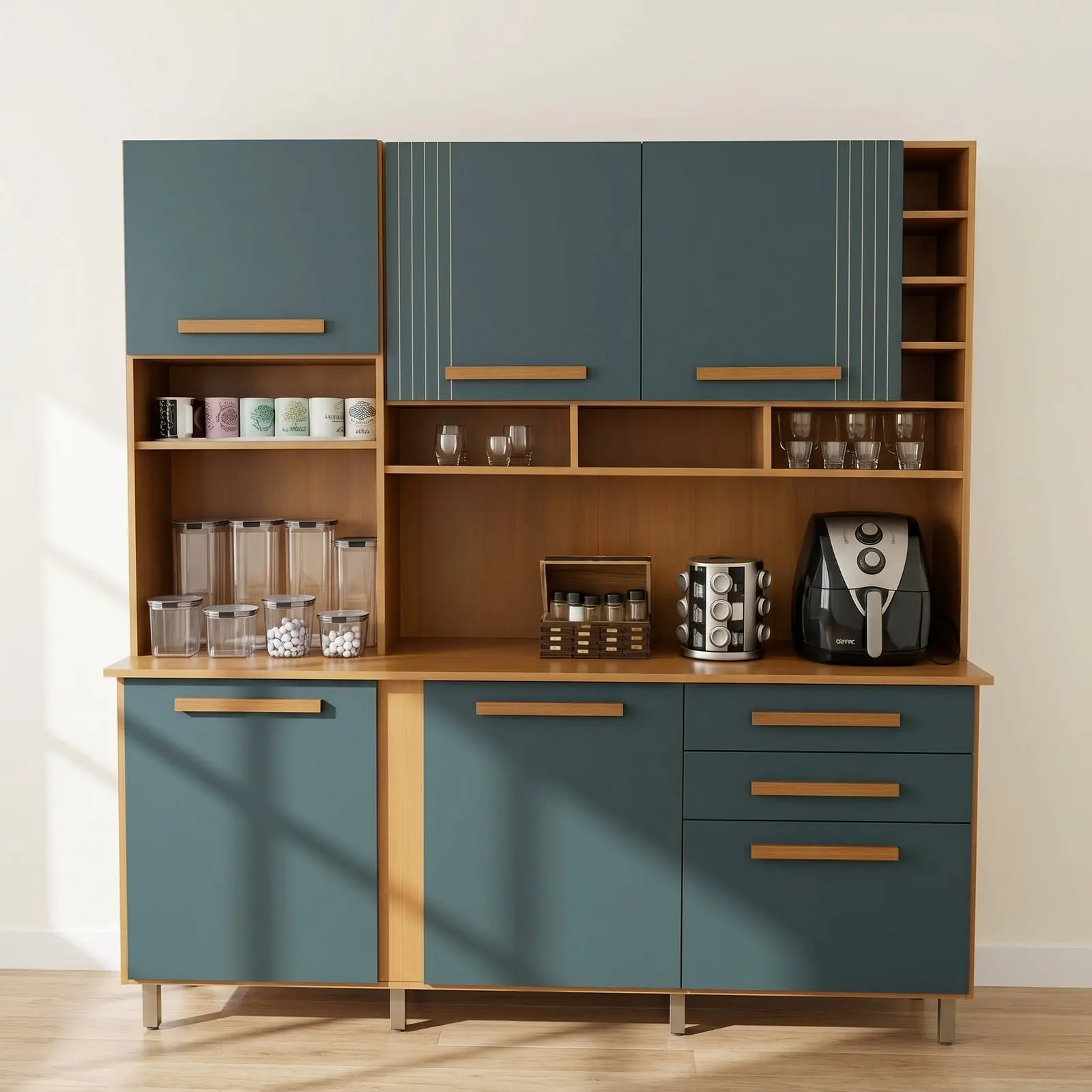 Teal Blue & Walnut Full-Width Kitchen Crockery Unit with Fluted Upper Cabinets, Open Display Shelves, Wine Rack, Appliance Countertop and Three Drawers