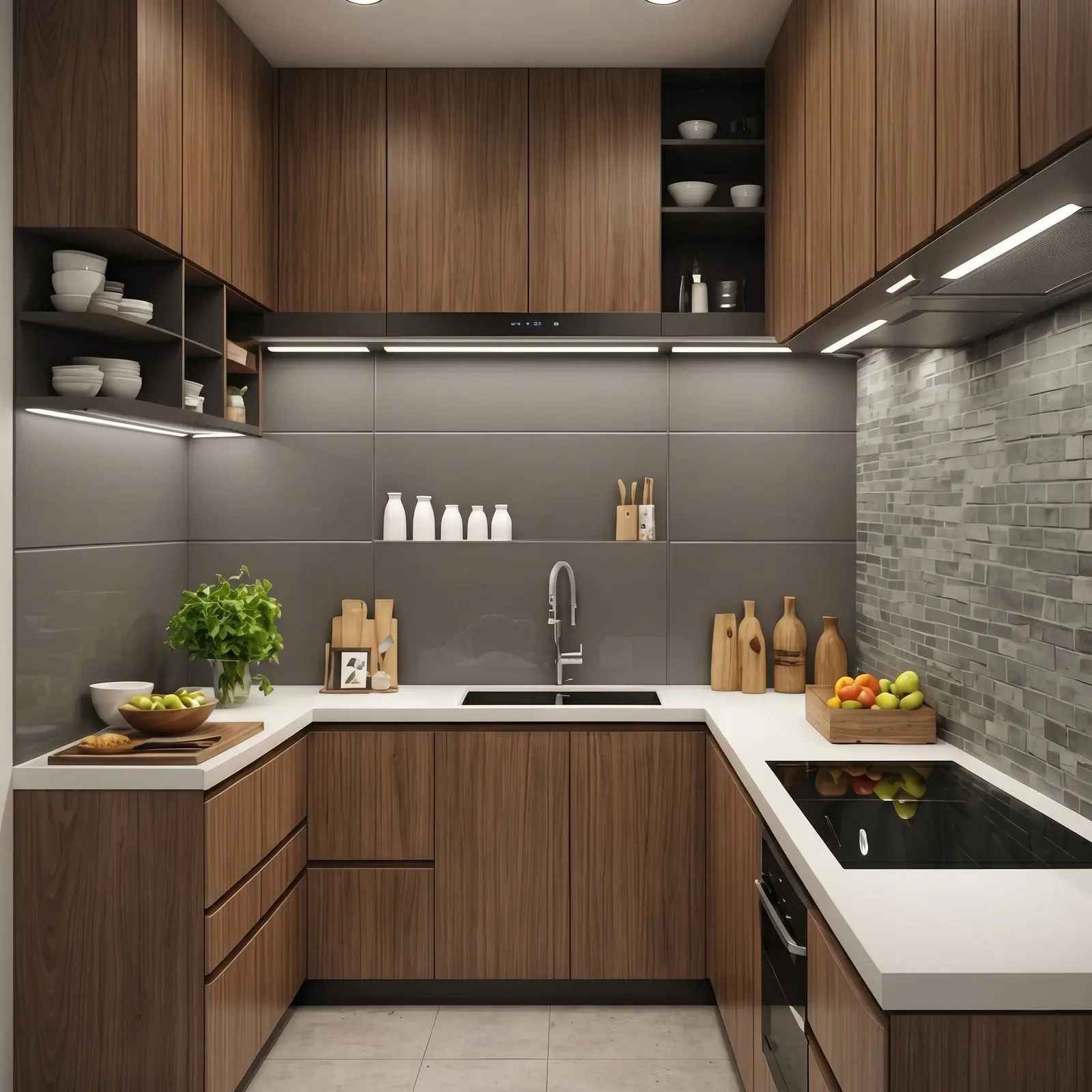 Walnut Grain U-Shaped Modular Kitchen with Open Display Shelves, Grey Tile Backsplash, Stone Mosaic Side Wall and White Quartz Countertop