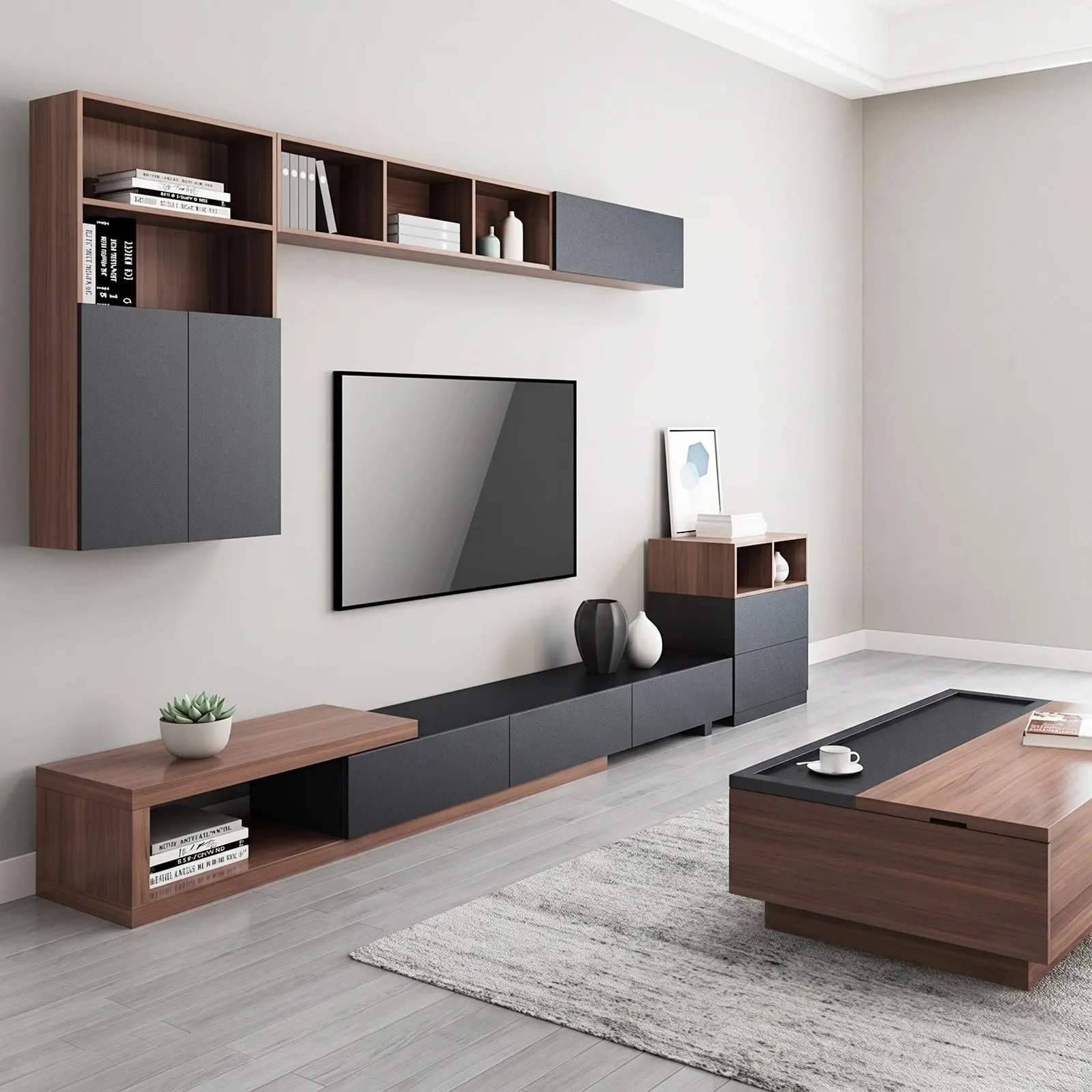 Walnut & Graphite Complete Living Room TV Wall System with Wall Cabinets, Side Unit and Coffee Table