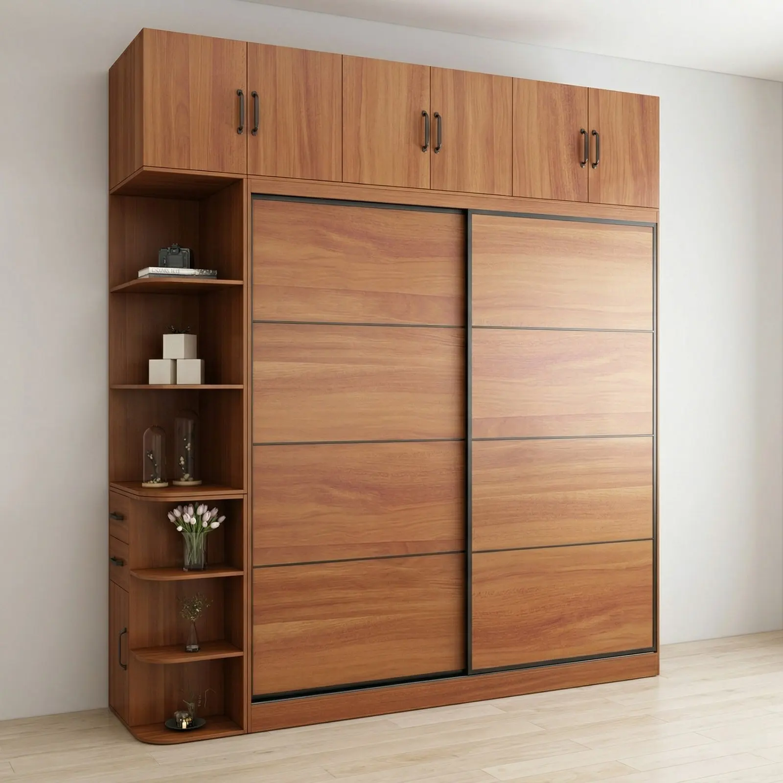 Walnut Sliding Door Wardrobe with Loft Cabinets, Open Side Display Shelves and Bronze Handles