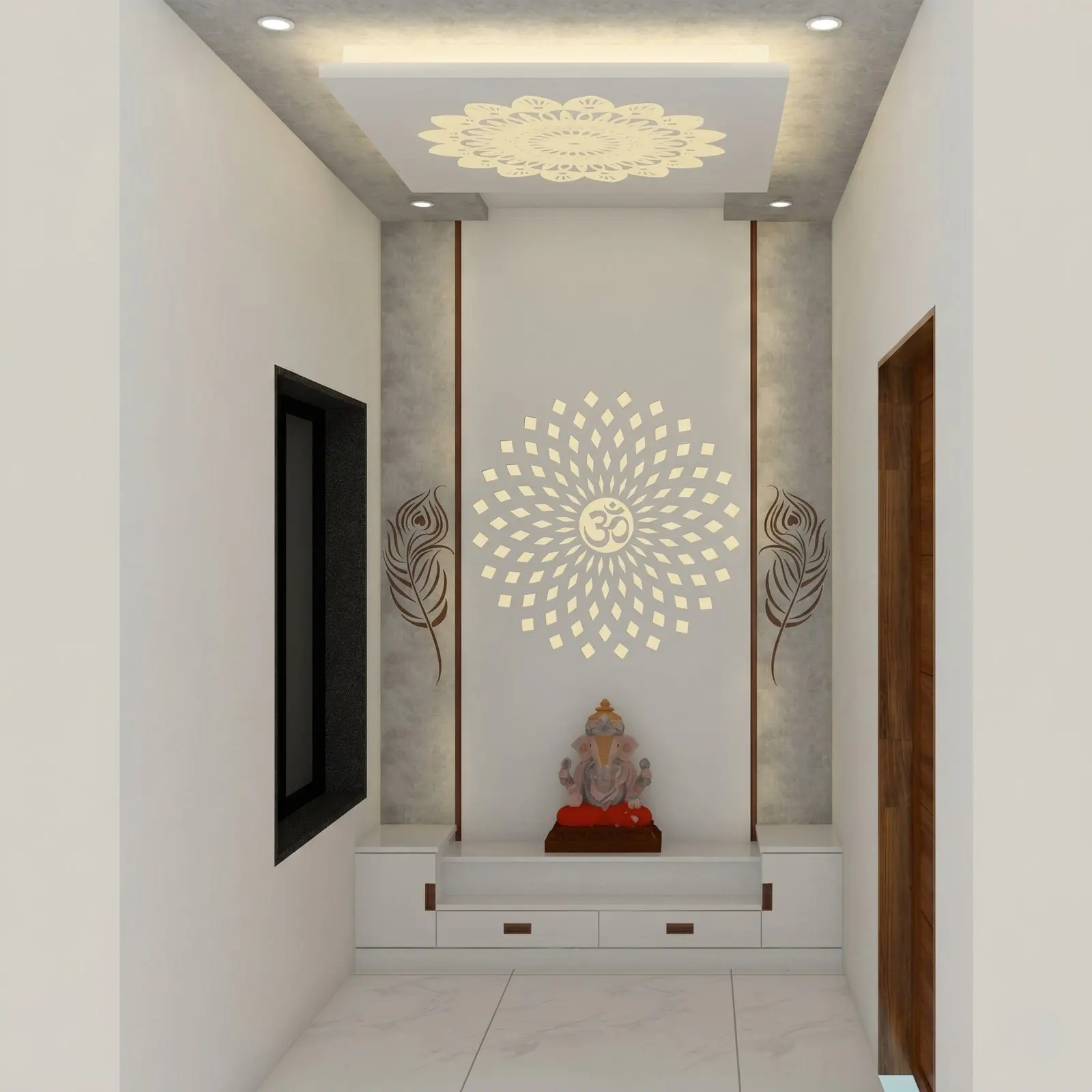White Full-Room Pooja Mandir with Om Lotus Mandala Feature Wall, Peacock Feather Murals, Lotus Ceiling Medallion, Stepped White Altar and Three Handleless Drawers