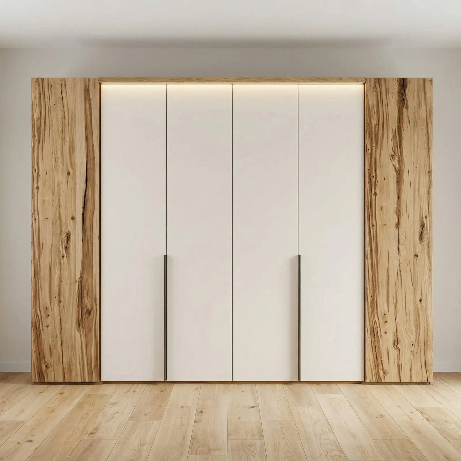 White Matte Wardrobe with Live-Edge Spalted Oak Side Panels, LED Cove Lighting and Bronze Handles