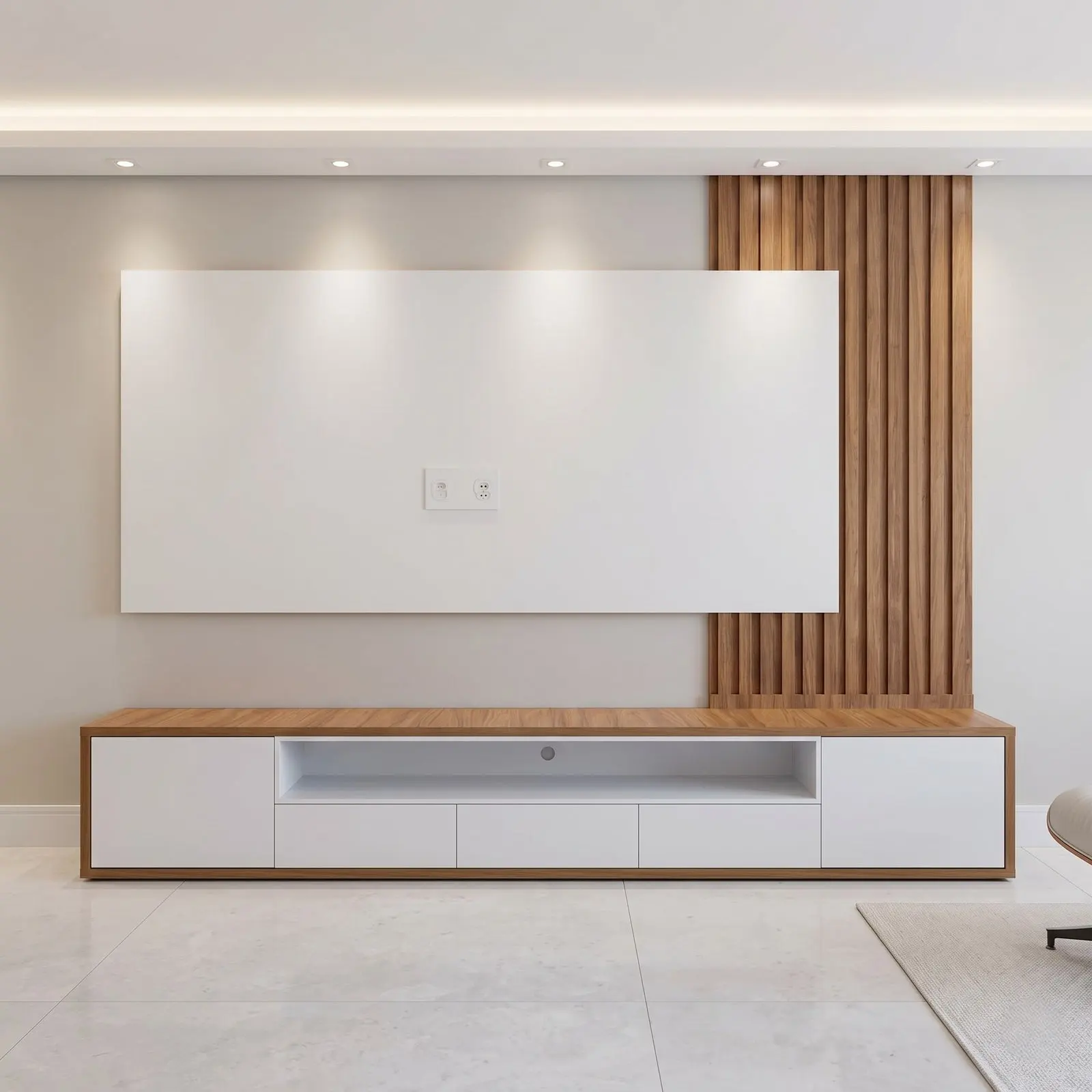 White & Oak Minimalist TV Wall Unit with Vertical Slat Panel and Wide Media Console